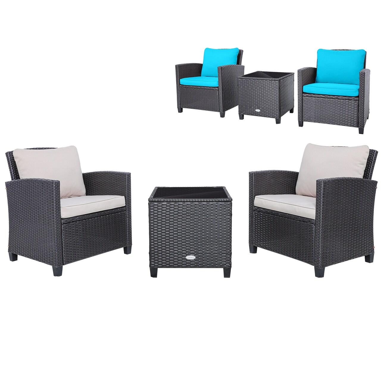 3 Pcs Patio Rattan Furniture Set Cushioned Conversation Set Coffee Table